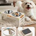Jovrun Elevated Dog Bowls for Small Dogs and Cats, Non-Slip Cat Bowls with 2 Thick 5.5" Stainless Steel Dishes, Dog Feeder 2 Heights Adjustable to 2.6"-5.3", Beige