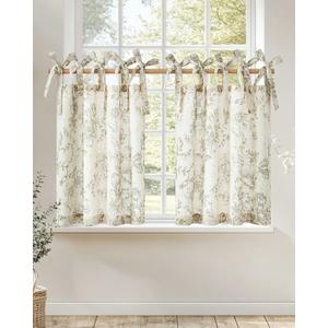jinchan Floral Linen Tier Curtains 36 Inch Farmhouse Cafe Curtains Tie Top Botanic Drapes for Small Windows Over Sink for Kitchen Country Rustic Laundry Room Bathroom RV 2 Panels Green on Beige