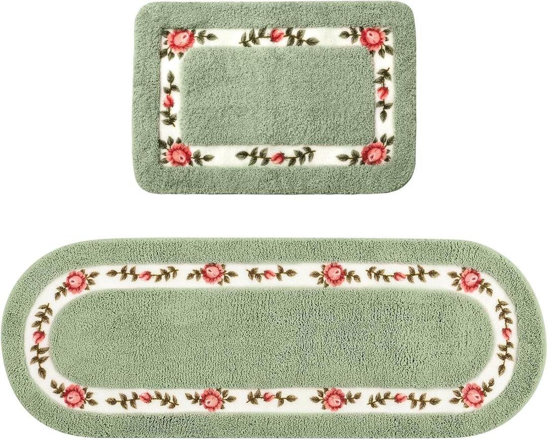 2 Pcs Rose Flowers Bathroom Rugs Set Coquette Room Decor Floral Rugs for Bathroom Bedroom Living Room,Non Skid Absorbent Romantic Rose Flower Area Rugs 2 Shapes(Green,Small)