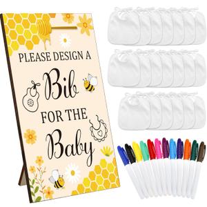 Panitay 43 Pcs Baby Shower Games White Bibs Design, Include Wooden Baby Shower Game Sign, 30 DIY Blank White Bibs, 12 Markers for Gender Reveal Party Decorating Supplies(Honeycomb)