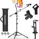 Microphone Stand with IPAD Clip, Floor Foldable Mic Stand with Phone Clip, Heavy Duty Tripod Boom Arm with 2 Mic Clips and Carrying Bag for Singing Karaoke Stage