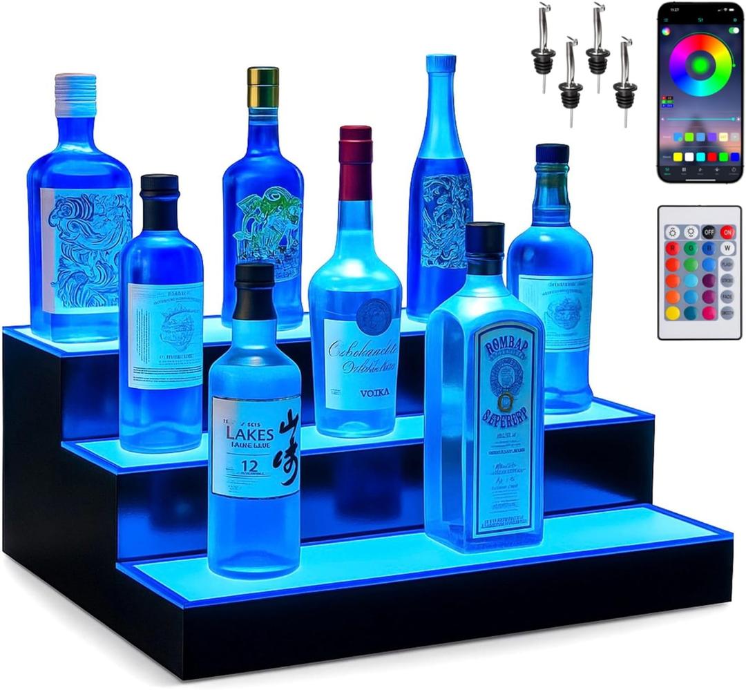 Boss Premium BarUSA LED Lighted Bar Shelf Display Liquor Bottle Alcohol Whiskey Shelves Rack Stand Tray Units for Home Bar Living Room Accessories and Decor - Designed in USA (3-Step, 16 Inch)