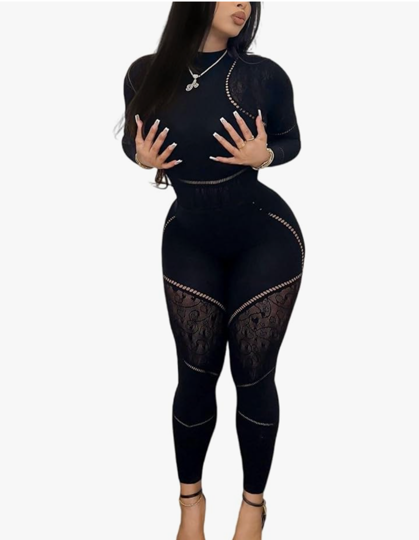 Women's Seamless Jumpsuit 2 Piece outfit, Mock Neck Long Sleeve Bodysuit with Snap Crotch and Leggings Set