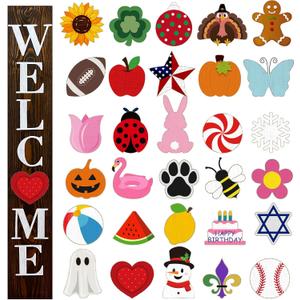Interchangeable Welcome Sign for Front Porch 47 x 7.9 Inch Wooden Porch Sign with 30 Interchangeable Designed Patterns for Home Farmhouse Halloween Christmas Thanksgiving Decor (Wood Color)