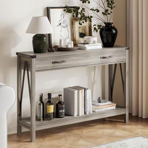 ChooChoo 47'' Farmhouse Console Table with Drawer, Entryway Table with Storage Shelf, Rustic A-Design Sofa Table for Hallway, Entrance, Living Room, Grey, 47.2" L x 11.8" W x 31.5" H
