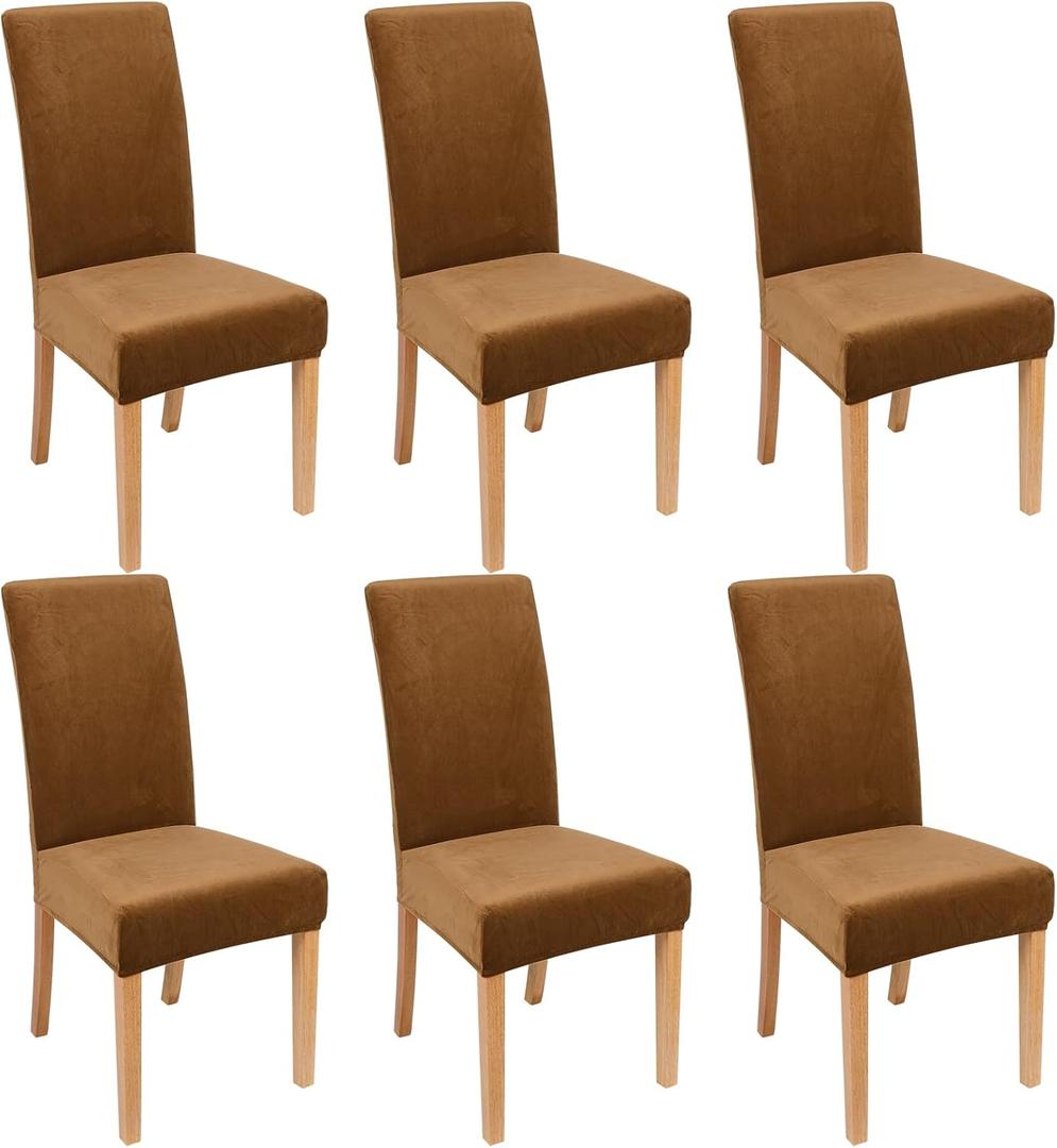 Smiry Velvet Stretch Dining Room Chair Covers Set of 6, Soft Removable Washable Chair Slipcovers Kitchen Parsons Chair Protector, Camel