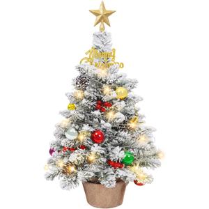 Unves 24 Inch Tabletop Mini Christmas Tree Set,Small Snow Flocked Prelit with Warm LED Lights,Star Treetopper,Plastic Pine Cones,Berrys and Hanging Ornaments for DIY Decorations