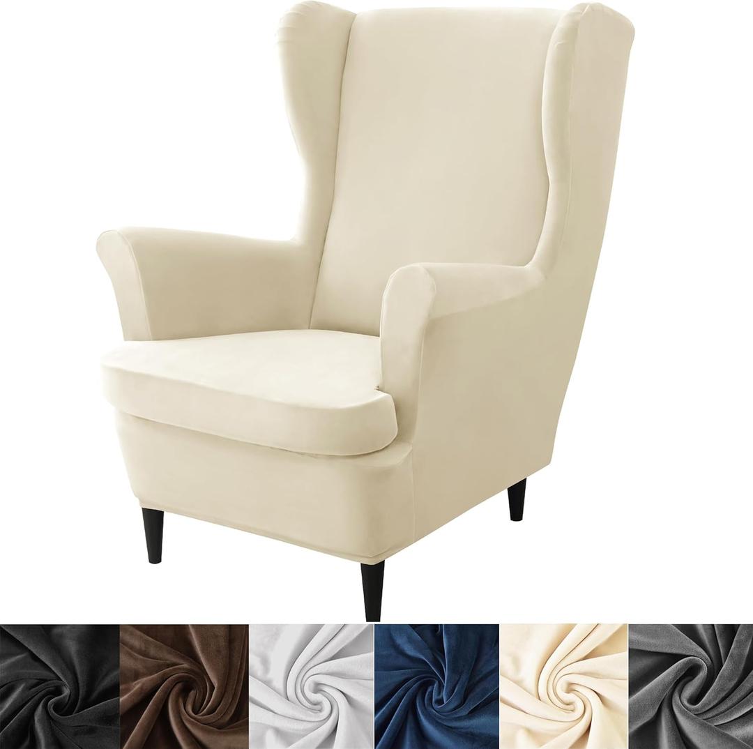 HFCNMY Wingback Chair Covers, 2 Piece Stretch Velvet Wingback Chair Slipcover-Thick Wing Back Chair Covers with Arms-Wing Chair Slipcover-Wing Back Chair Slipcovers with Elastic Bottom Beige