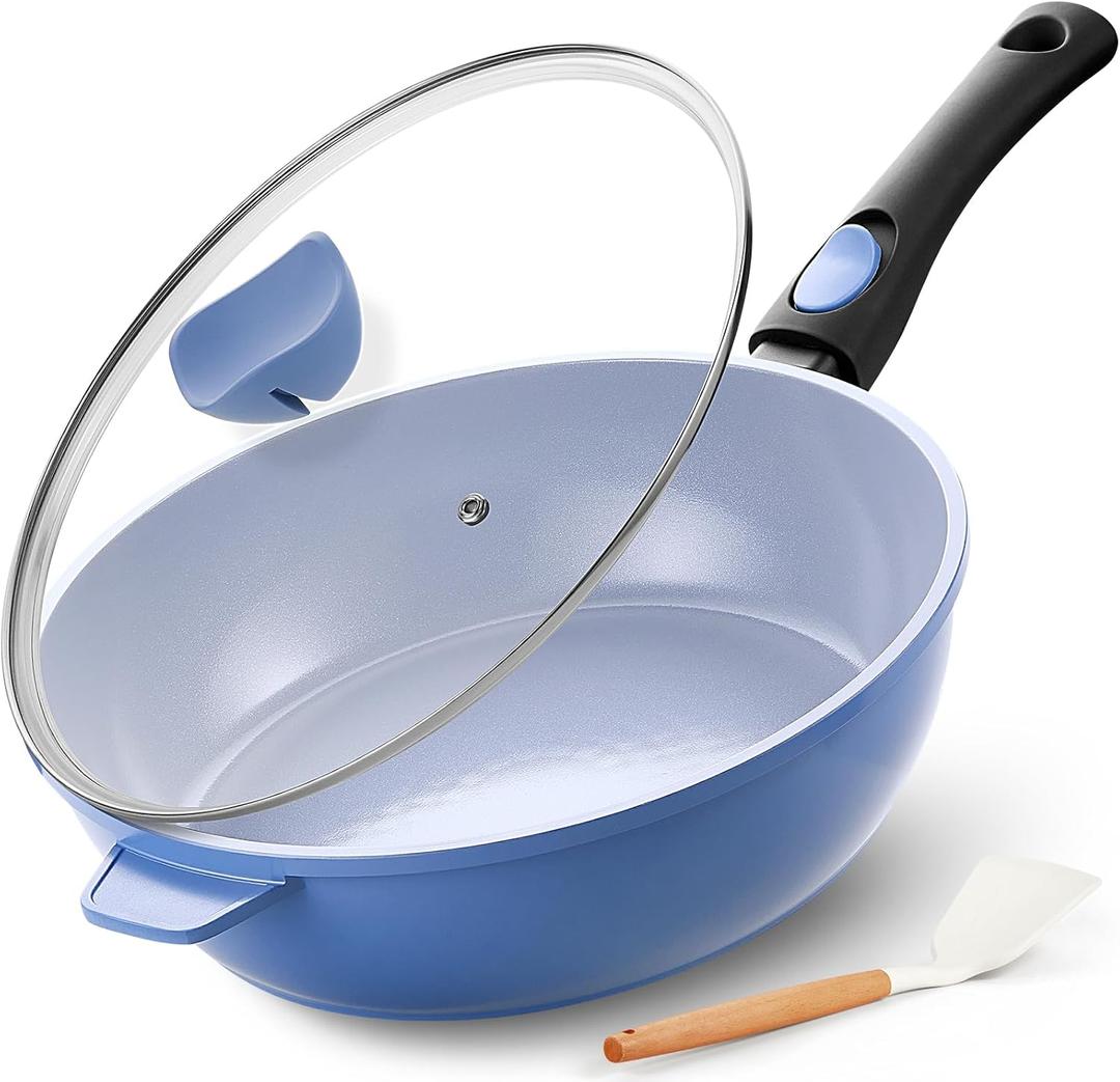 IKTU Ceramic Nonstick Deep Frying Pan, 11Inch Nonstick 4Qt Saute Pan with Helper Handle and Lid, Large Skillet Pan Induction Cookware with Detachable Handle, PFAS PFOA & PTFE Free (Sky Blue)
