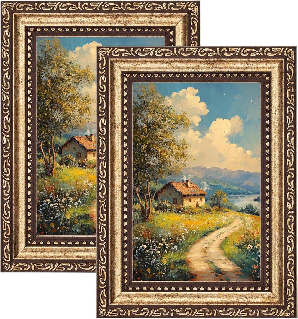 eletecpro 5x7 Picture Frames Set of 2, Ornate Frame with Glass Cover, Vintage Photo Frames Display 4x6 Photo with Mat or 5x7 without Mat for Tabletop or Wall Decor, Bronze Gold