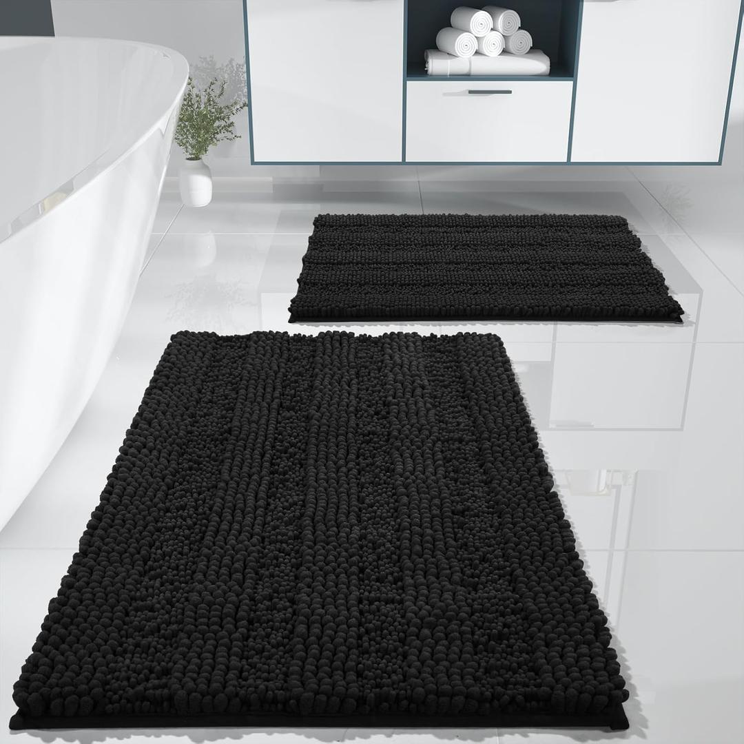 Yimobra Bathroom Rug Set 2 Piece, Soft Absorbent Chenille Bath Mat Set, Non Slip Machine Washable Quick Dry, Plush Shower Rugs for Bathroom Floor Sink Tub and Shower Outside, 32"x20"+24"x17", Black