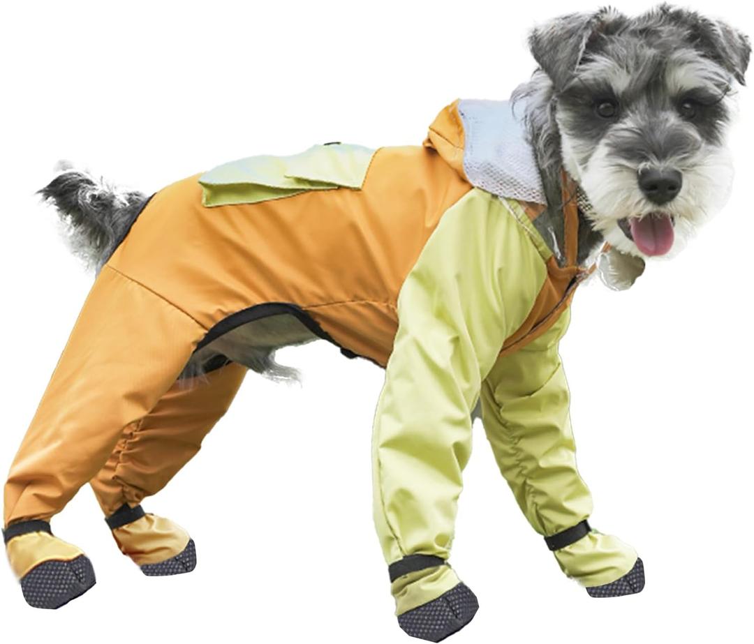 Dog Raincoat with Transparent Hood, Waterproof Jacket for Small Dogs with Snap-Button Chest, Leash Hole & Hook-and-Loop Cuffs Sleeves, Back Pocket for Treats (Yellow, Large)