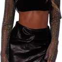 Women Rhinestone Top Black Mesh Chain Fishnet Long Sleeve Outfit - Sparkly Crystal Rave Crop Shirt, Sexy Glitter Sequin Metallic Costume with Jewelry for Festivals Concerts Raves Black Rhinestone, Small