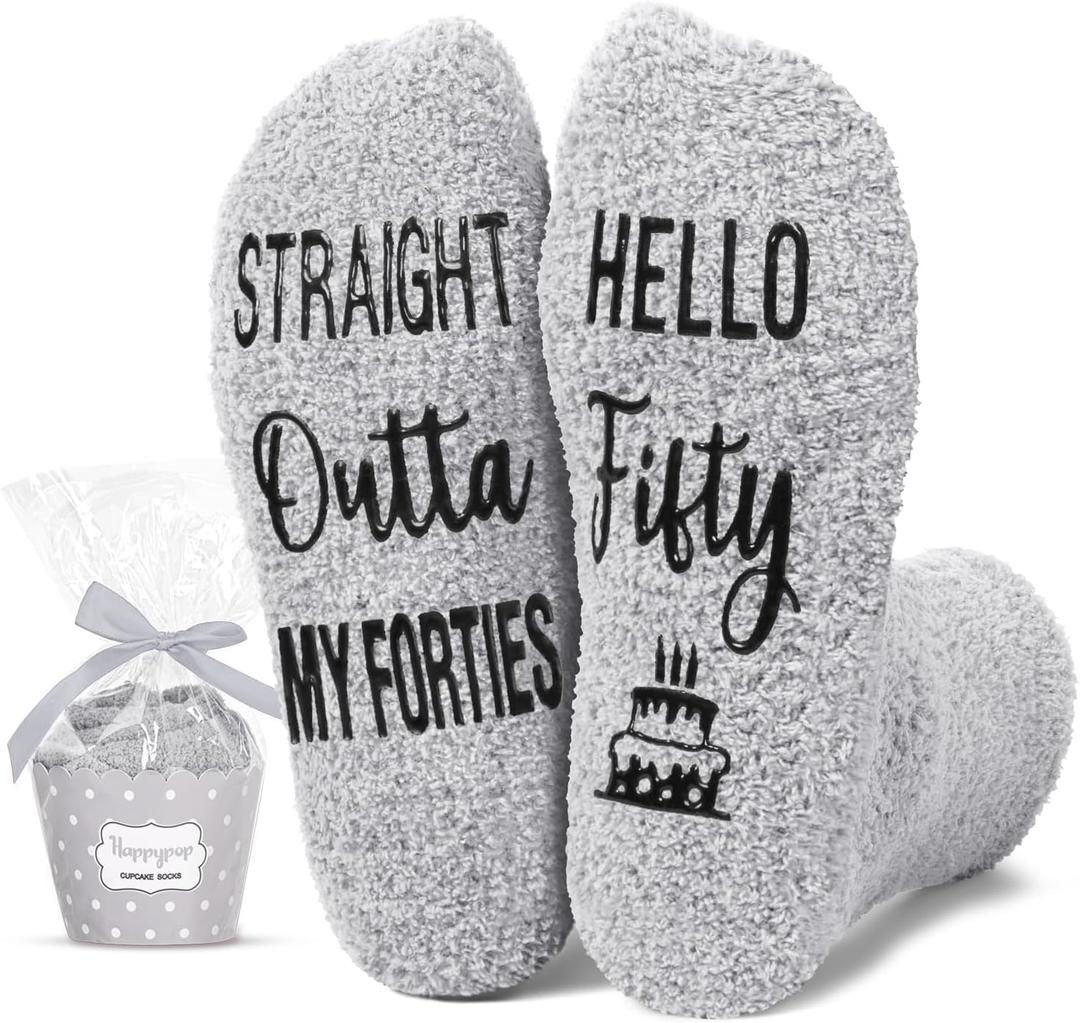 HAPPYPOP 50TH Birthday Gifts - Women Her Bday Socks Man, 50 Year Old Gift Ideas for Female (Gray Hello Fifty)