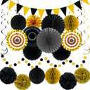 24 Pcs Black and Gold Party Decorations, Paper Fans Honeycomb Pom Poms Pennant Garland, Reusable Hanging Supplies for 2026 Graduation Birthday New Year Wedding Anniversary