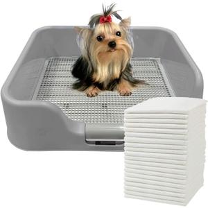 Indoor Dog Potty Tray with Protection Wall Every Side for No Leak, Spill, Accident - Keep Paws Dry and Floors Clean (Tray+Pad, Grey)