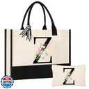 AYGE Personalized Initial Canvas Beach Bag Cosmetic Bags, Tote Bag, Makeup Bag, Gifts for Sister Mom Teacher Bridesmaid Z