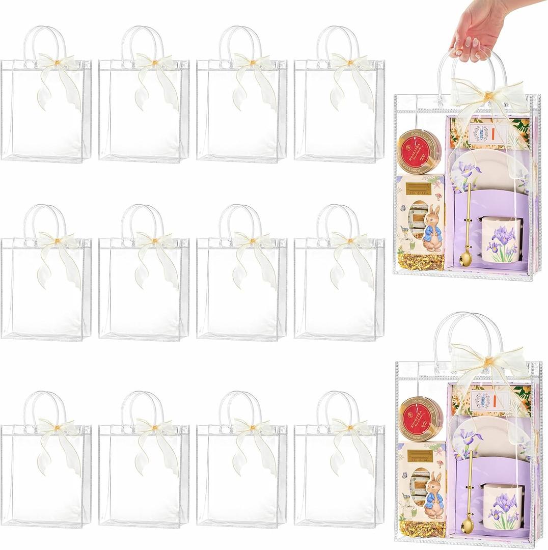 Ohuimrt 20 PCS Clear Plastic Gift Bags with Handles, 10.2 x 11.8 x 3.15 Inches Reusable Party Favor Bags with Ribbon Transparent Gift Wrap Bags Bulk for Weddings Birthdays