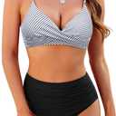 ZAFUL Women High Waisted Bikini Sets Two Piece Swimsuit Push Up Twist Front Ruched Bathing Suit (Medium, Black Striped)