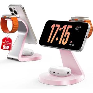 3 in 1 Charging Station for Apple Devices, Mag-Safe Charger Stand Fast Charging, Wireless Charger for iPhone 16/15/14/13/12 Series, & AirPods, & iWatch (USB-C Charger Included) (Pink)