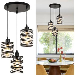 Pendant Lights Kitchen Island Black Pendant Light Fixtures 3-Light Spiral Iron Kitchen Island Lighting Adjustable Hanging Cluster Pendant Lighting for Dining Room with Clear Glass Shade
