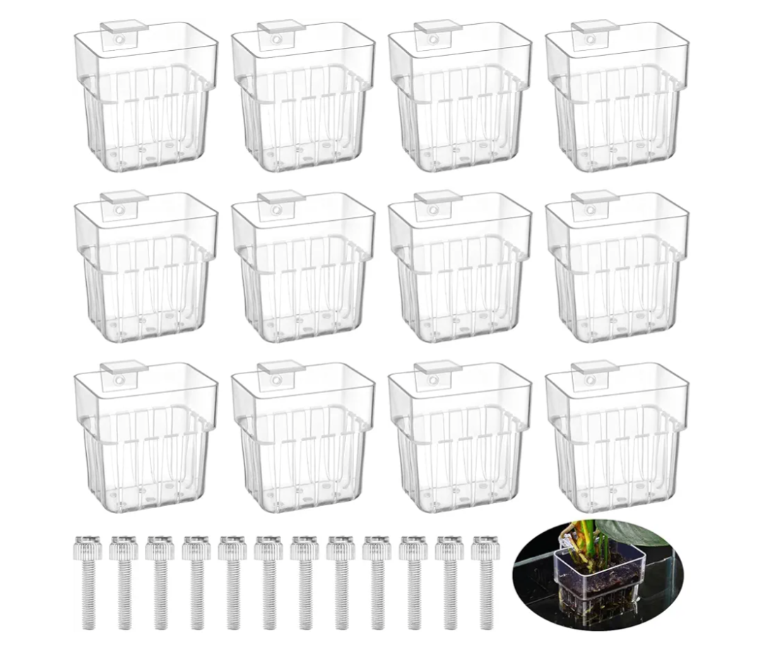 8 Pack Top Hanging Fish Tank Plant Pot Clear Aquarium Plant Holder with Hook Aquatic Plant Cup Holder Aquarium Aquatic P-lant Pot Water Landscape Decoration for P-lant Water Feature Decoration