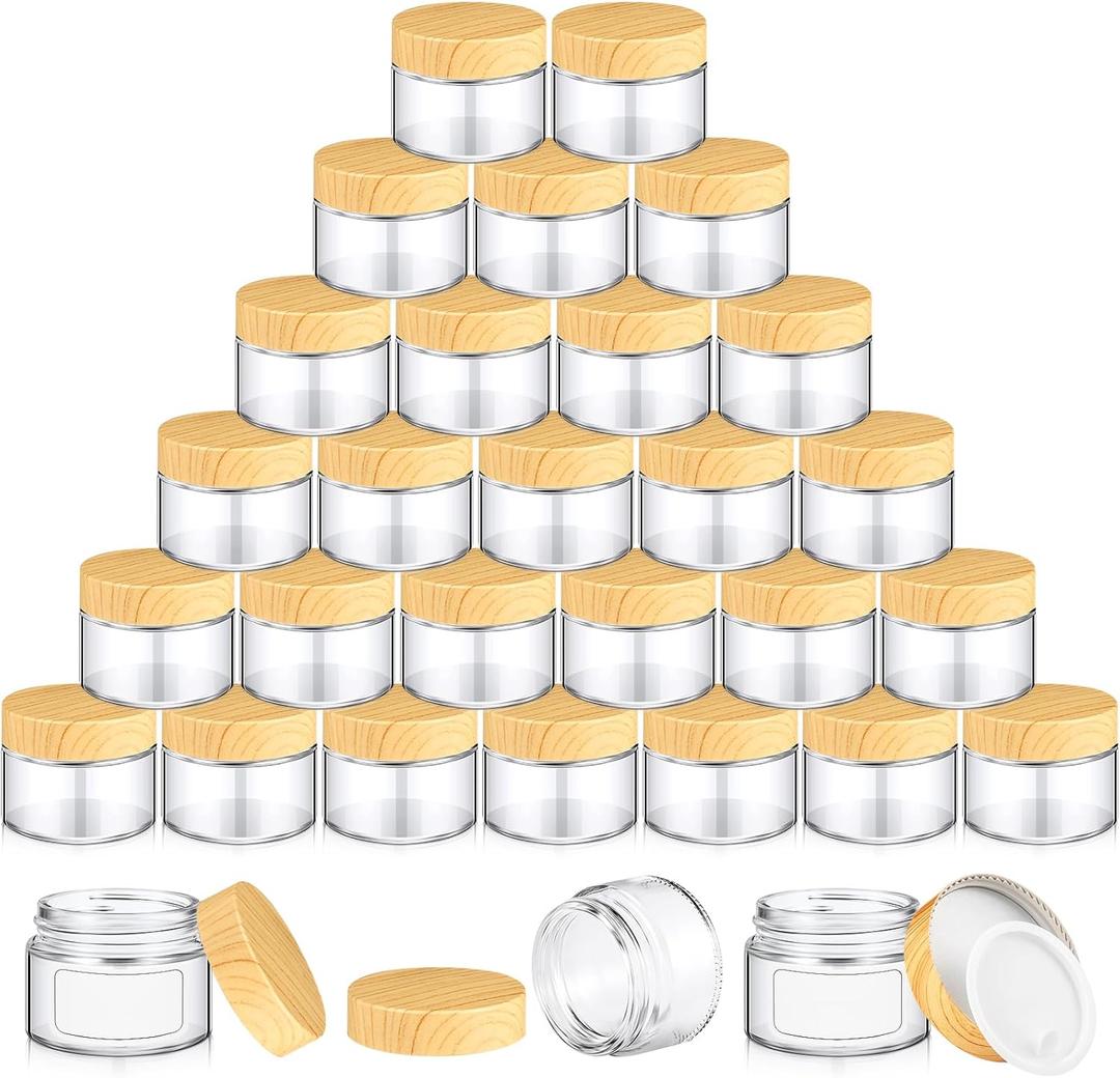 Layhit 48 Pcs 50 ml Cosmetic Glass Jars with Lids 1.69 oz Small Jars with Plastic Woodgrain Lids, White Labels and Inner Liners Empty Round Cosmetic Containers for Creams Lotions Powder