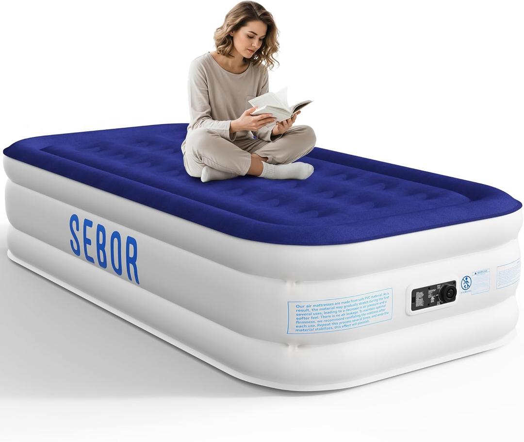 Sebor Air Mattress Twin with Built-in Pump 18", Comfortable Self-Inflating Air Mattress with High-Speed Pump, Durable Blow Up Mattress Twin with Storage Bag for Guests, Camping, Travel (Blue White)