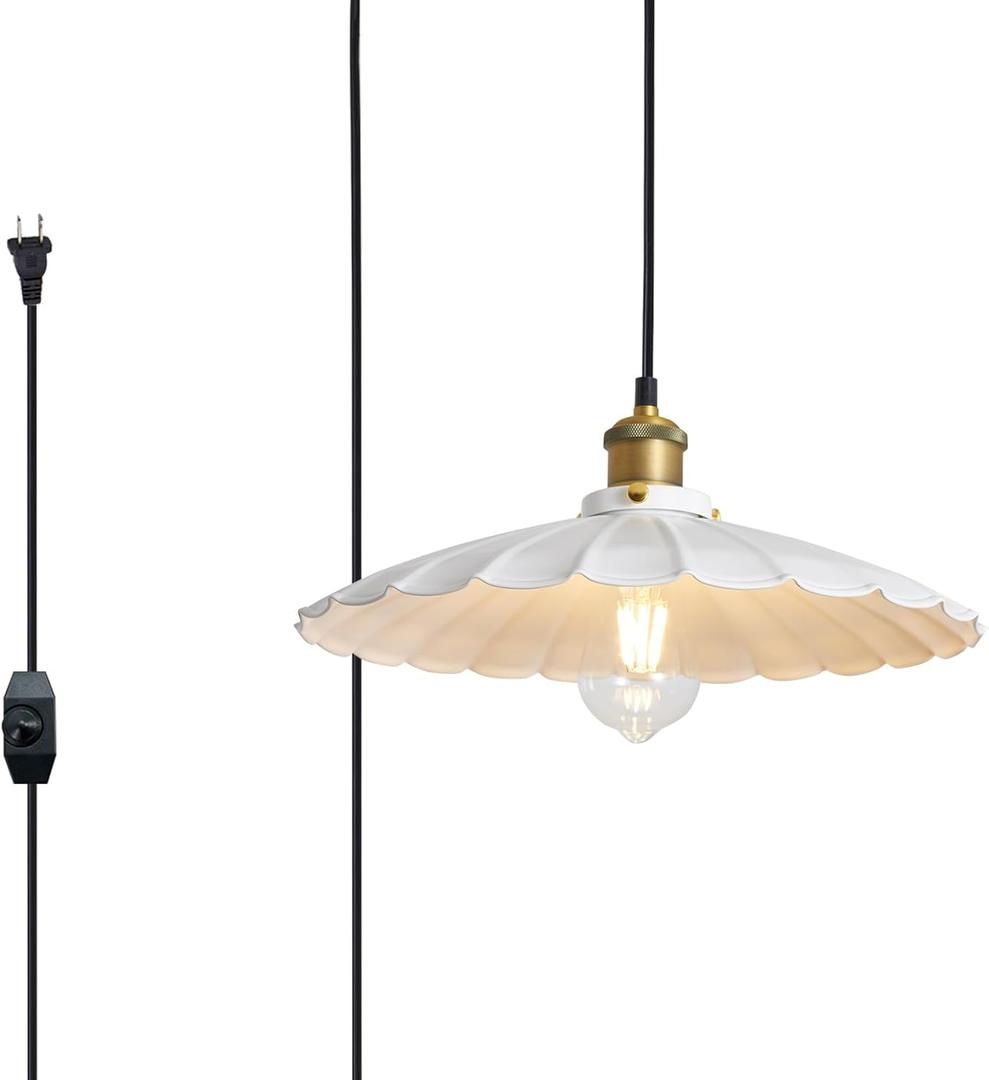 Hanging Lamp Plug in White 15.7 Inch Metal Lampshade Pendant Light Adjustable 14Ft Cord Pendant Light Plug in Living Room Bedroom Farmhouse Industrial Hanging Lights