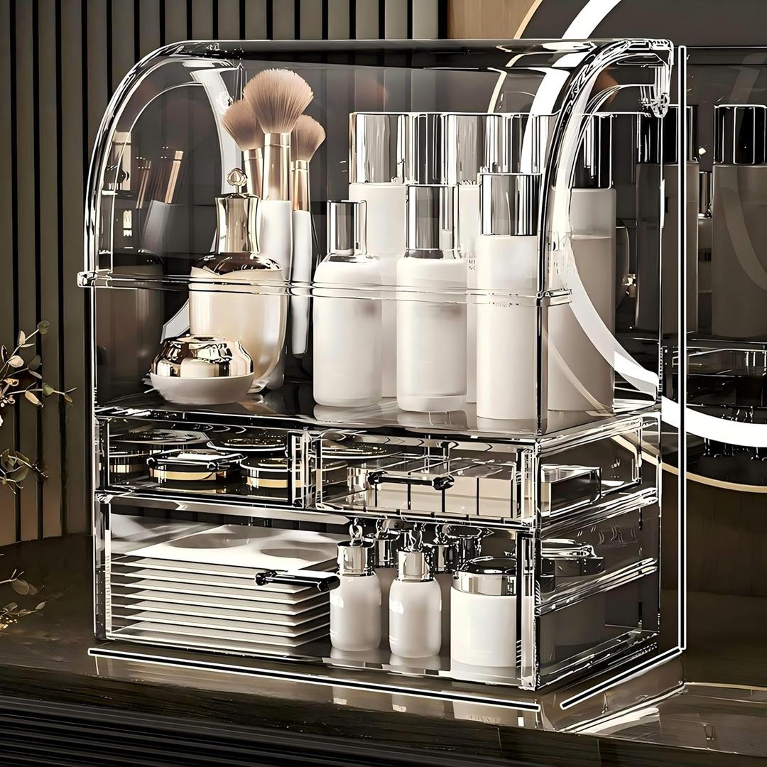 12.5in Clear Large Acrylic Makeup Organizer With Lid Cosmetic Storage Drawers Portable Makeup Organizers Dustproof And Waterproof Box For Women