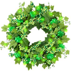 Sggvecsy 18 St. Patrick's Day Shamrocks Wreath for Front Door with Lights Artificial Lucky Clover Wreath with Greenery Ivy Leaves Berries for Irish St. Patrick's Day Decoration Wall Home Decor