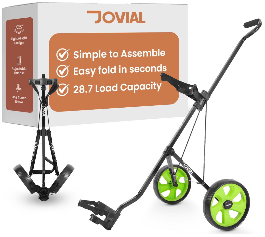 JOVIAL 2 Wheel Golf Push Pull Cart - Lightweight, Foldable, Collapsible, Caddy Accessories, Golf Bag Storage with Deluxe Scorecard Holder, Adjustable Handle, Aluminium Frame, Compact Design for Travel, Large