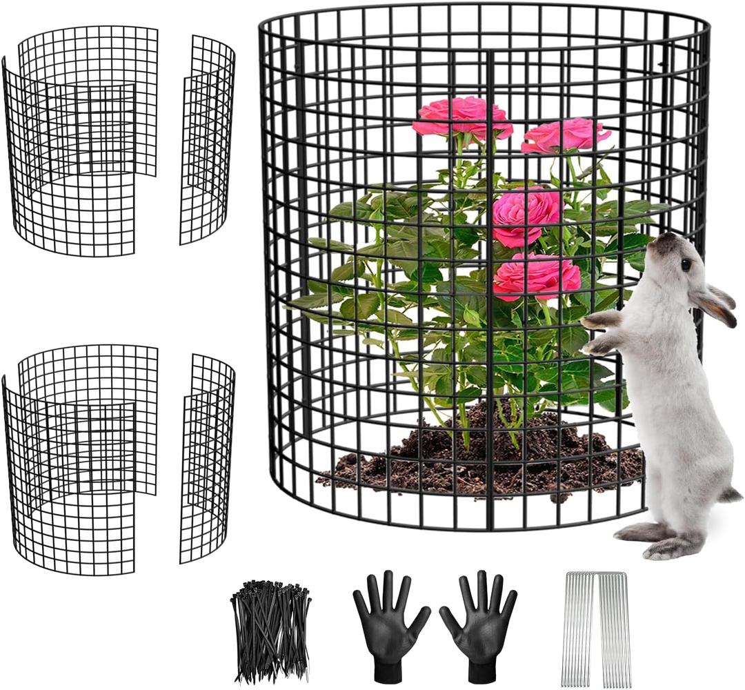 3 Pack Wire Plant Protectors, 13.5" Dia x 14" H Plant Protector from Animals, 9pcs Pre-Bent Metal Mesh to Keep Animals Out with Zip Ties & Stakes (3 Packs) (Black Gloves)