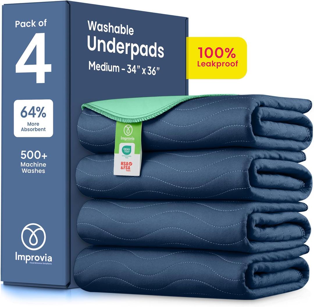 IMPROVIA Washable Underpads, Heavy Absorbency Reusable Incontinence Pads for Kids, Adults, Elderly, and Pets - Waterproof Protection Floor Navy & Green (4 Pack - 34x36)