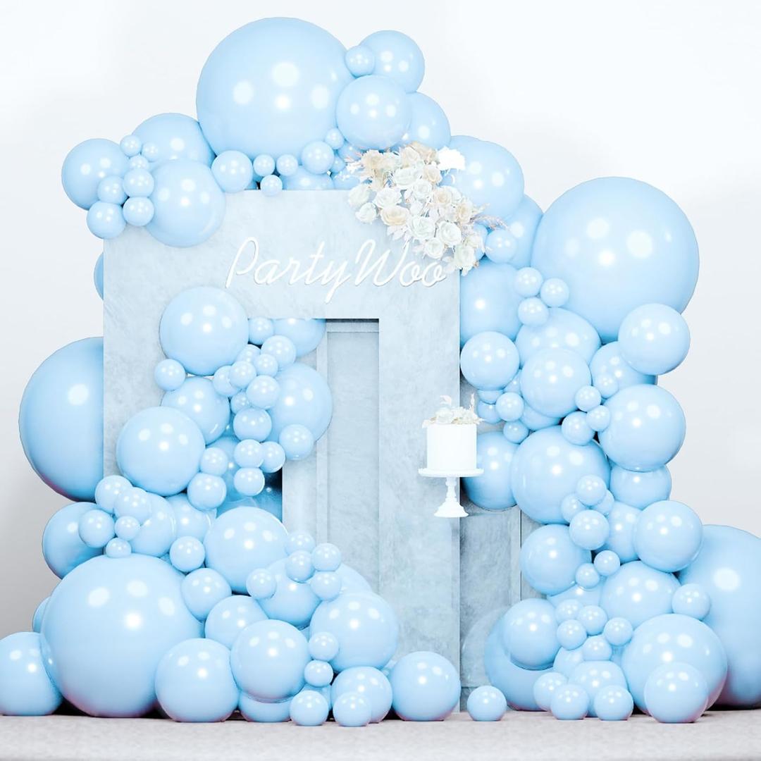 PartyWoo Baby Blue Balloons 140pcs Different Sizes of 18 12 10 5 Inch Light Pastel Sky Aqua Blue Balloon Arch Kit Garland for Graduation Baby Shower Gender Reveal Easter Party Decorations Blue-Q13
