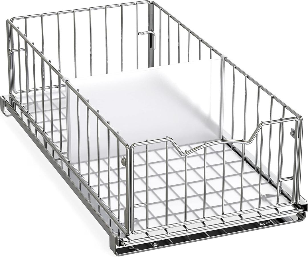 Simple Houseware Pull-Out Cabinet Sliding Basket Organizer, 17.2" D x 9.7" W x 5" H  Chrome Finished, Ideal for Kitchen and Bathroom Cabinet Storage, Under Sink or Pantry Organization