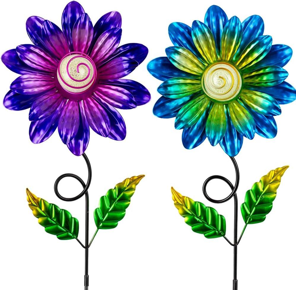 Metal Flowers for Outside, 2 Pack 25'' Flower Decorative Garden Stakes for Spring Yard Decor, Flower Yard Art for Porch Fence Landscape Pot Patio Decor (Purple & Blue)