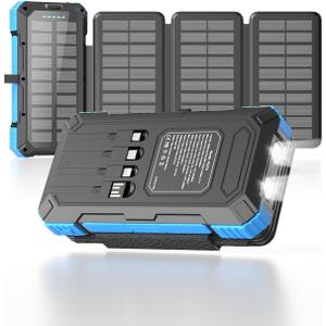 Solar Charger Power Bank 49800mAh with 4 Built-in Cables & 3 Foldable Panels, PD22.5W Fast Portable Phone Charger, External Battery Pack with USB-C in/Output & Flashlight for Outdoor Camping (Blue)