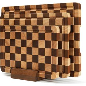Checkered Cutting Board Set for Kitchen - 3 PCS Wood Checkerboard End Grain Chopping Board with Holder & Juice Groove, Wooden Cutting Boards for Meat, Vegetables, Fruits (S, M, L), 16"L x 12"W