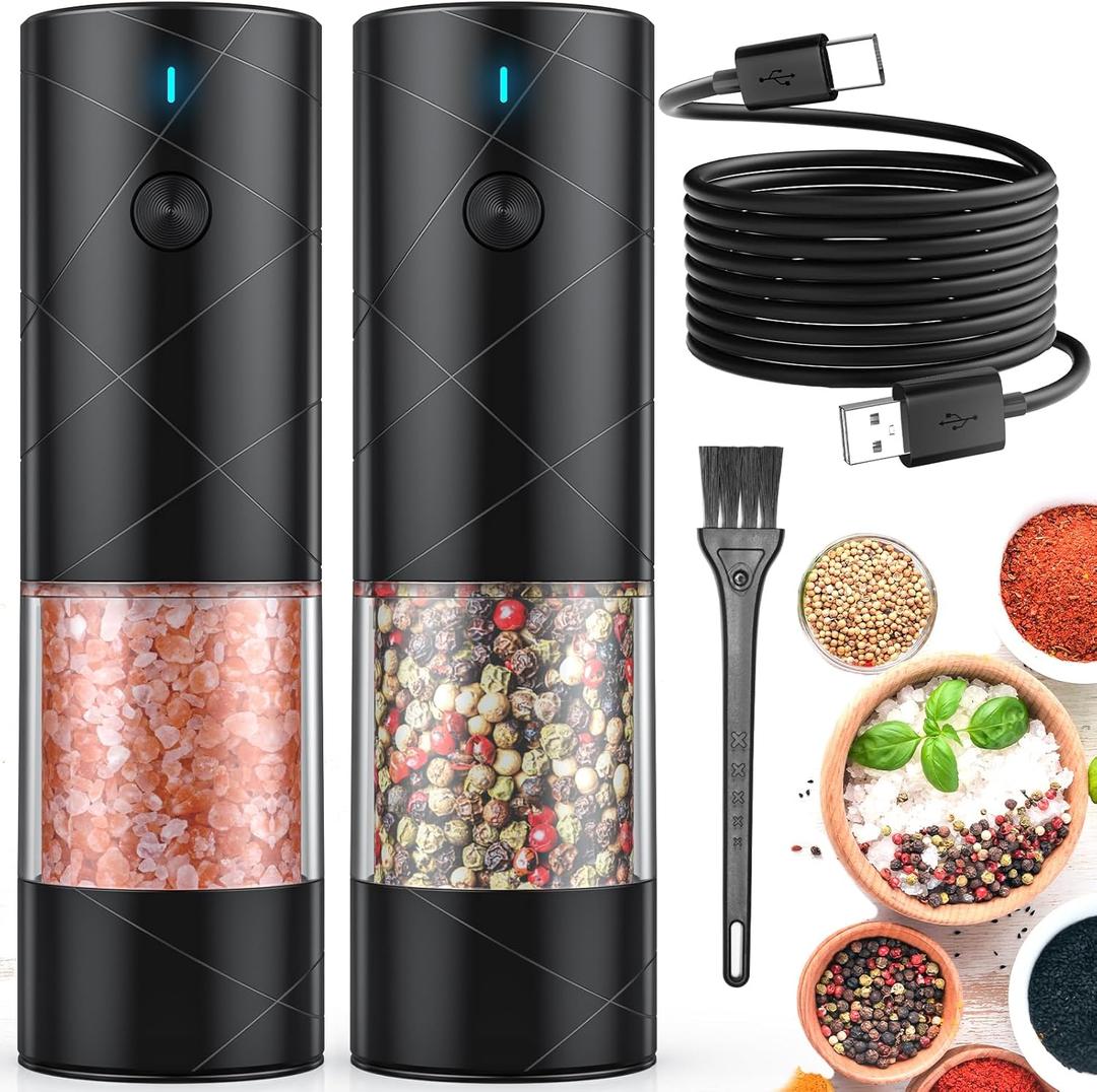 2Pack Electric Salt and Pepper Grinder Set USB Rechargeable with Warm LED Light, Adjustable Coarseness Lidaop Large Capacity Automatic Salt Pepper Mill Shakers for Kitchen, Restaurant, Outdoor, Black