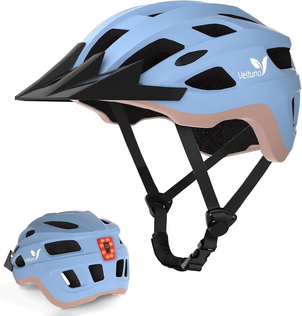 Bike Helmet for Adults, Lightweight Mountain Bicycle Helmet with USB Rechargeable LED Rear Light, Removable Sun Visor for Women, Men, Suitable for Cycling and Commuting, Large