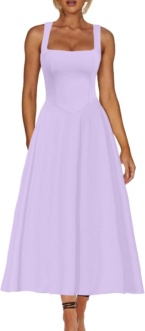 Kaximil Women's Square Neck Sleeveless A Line Maxi Dress Smocked Ruffle Flowy Casual Long Dresses (Purple, S)