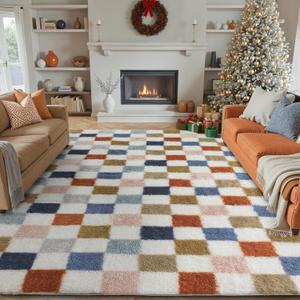 Checkered Rug 8x10 for Living Room, Modern Rainbow Shag Rug Washable Non-Slip Large Area Rug Super Soft Indoor Fuzzy Carpet Fluffy Rugs for Bedroom Home Aesthetic Decor