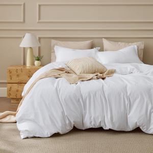 Bedsure 100% Washed Cotton Duvet Cover Oversized Queen - Bright White Minimalist Cotton Duvet Cover Linen Like for All Seasons - Plain Simple Bedding Set (Bright White, Oversized Queen, 98"x98")
