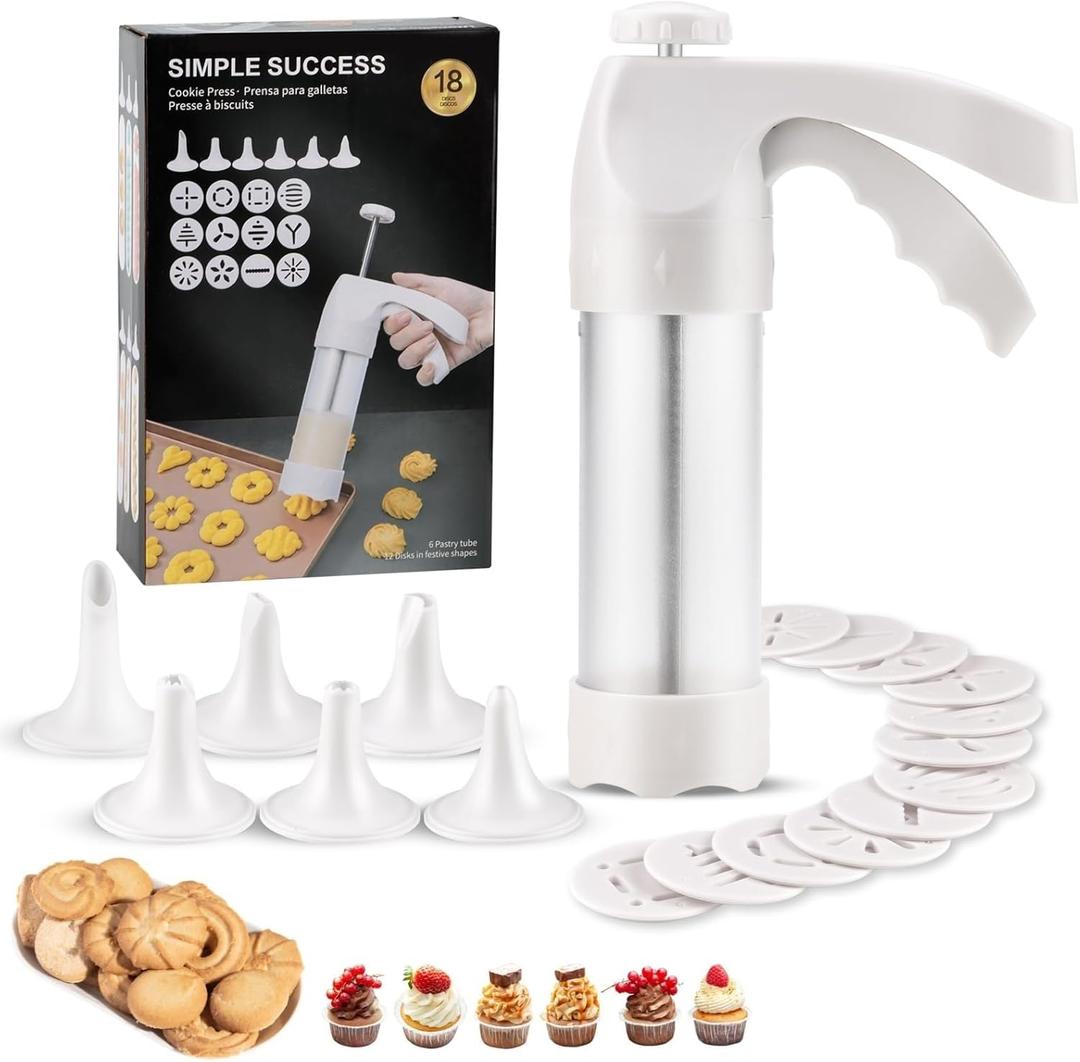 YOOUSOO Cookie Press Gun, Cookie Press Kit For Baking, Decoration with 12 Cooking Discs and 6 Piping Tips, Cookie Maker Machine for Christmas Party (marked size)