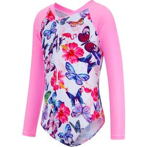 uideazone 2-9 Years Girls Long Sleeve Swimsuit One Piece Bathing Suit Zipper UPF 50+ Rashguard Swimwear (4-5T, A3-butterfly-1)