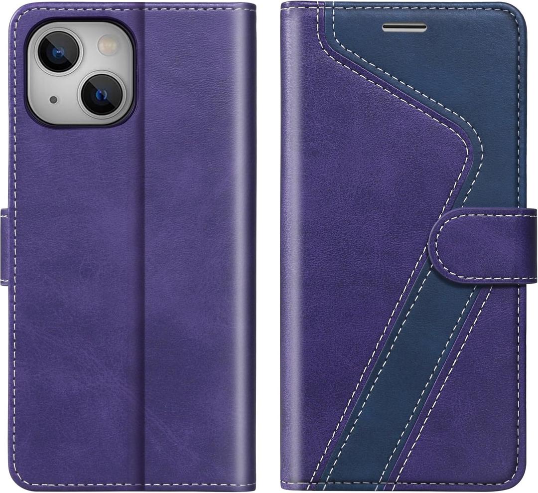 iPhone 14 Wallet Case,Leather Flip Case [RFID Blocking] Credit Card Holder Folio Magnetic Stand TPU Shockproof Cover Color Matching for iPhone 14 (6.1") Purple Blue