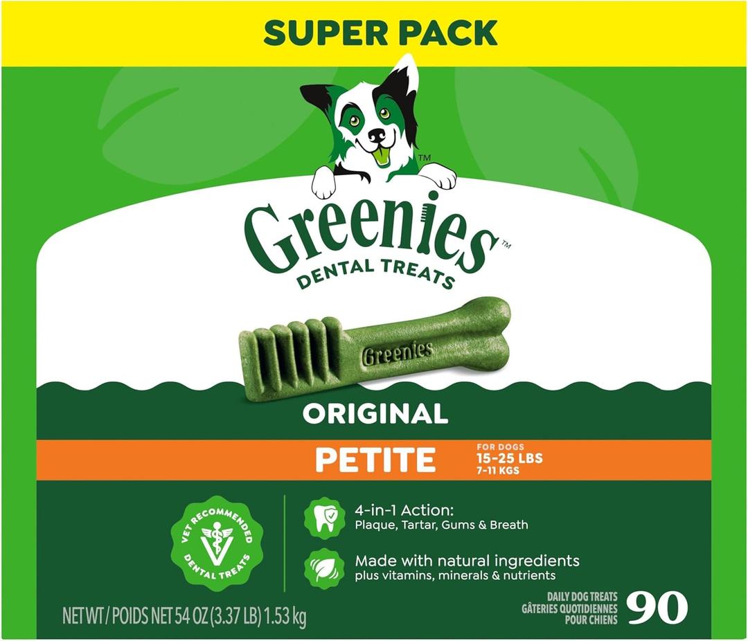Greenies Veterinarian-Recommended Adult Natural Dental Dog Treats Petite Size, Dog Dental Chews, Original Flavor, 54 oz. Pack, 90 Count (EXP 07/28/27)