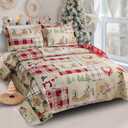 Green Essen Reversible Xmas Bedding Quilts Full/Queen Size Plaid Christmas Bedspread Patchwork Red Beige Snowmen Quilt Reindeer Snowflake Coverlet Moose Bed Set