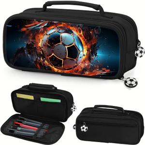 Soccer Pencil Case for Boys - Large Pencil Pouch for Boys with Zipper Compartments & Handle - Big Capacity Pen Organizer Box Bag for Kids Teens School Supplies